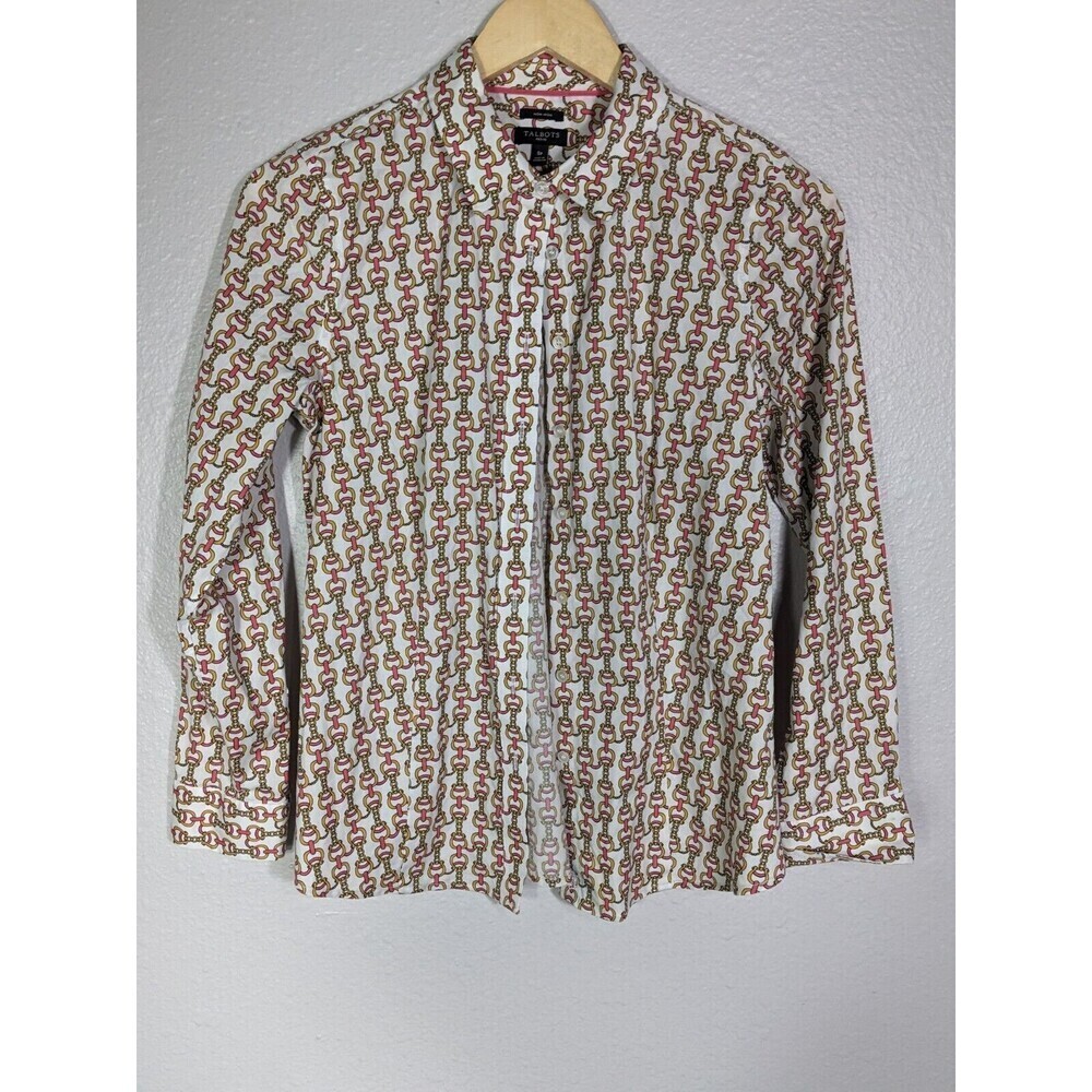 Talbots Non Iron Shirt Women Petite 8 White Coral‎ Horsebit